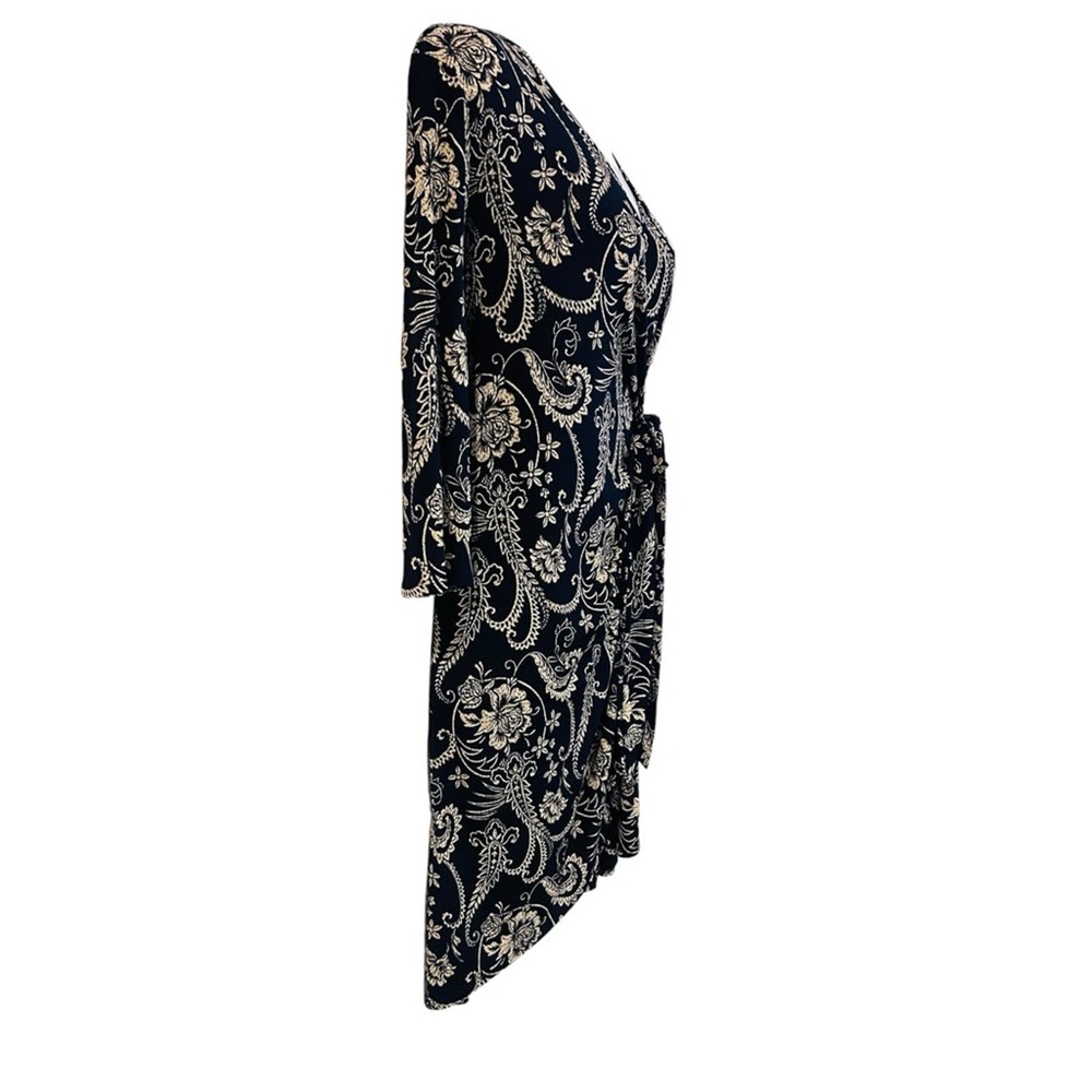 ⭐️Moci Purple Rain Navy Jersey Knit Floral Wrap Office Casual Date Night Dress - Picture 4 of 15